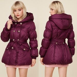 BOSIDENG Quilted Puffer Coat Jacket Ruched Hooded Hip Length Tie Waist Purple XS